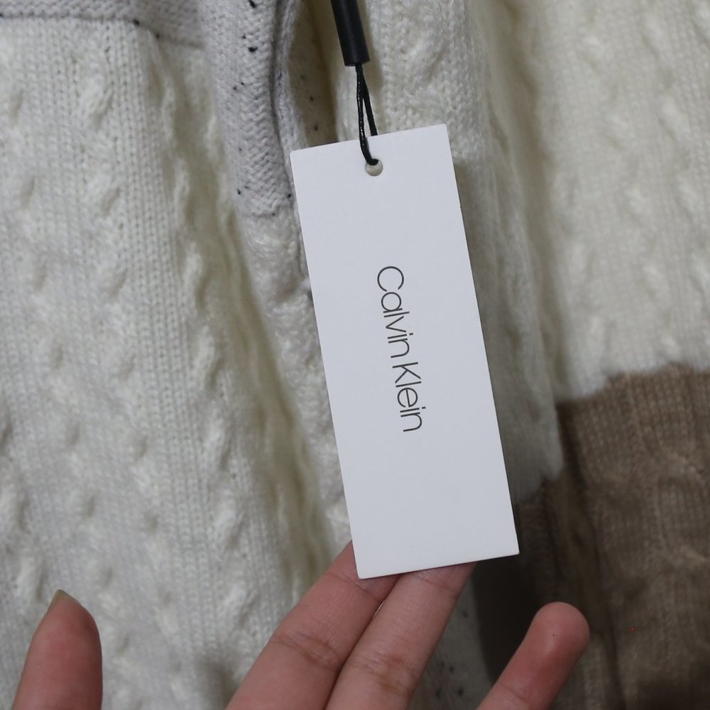 CALVIN KLEIN Acrylic Blend White Mixed Stitch Colorblocked Cowlneck Sweater - Picture 7 of 12